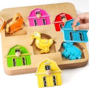 SYHLN Farm Animal Peg Puzzles: Montessori Wooden Toys for 1 2 Year Old Boys Girls - Preschool Learning Toys for Baby 12-18 months - Christmas Birthday Gifts Present for Toddlers Kids Age 1 2 3