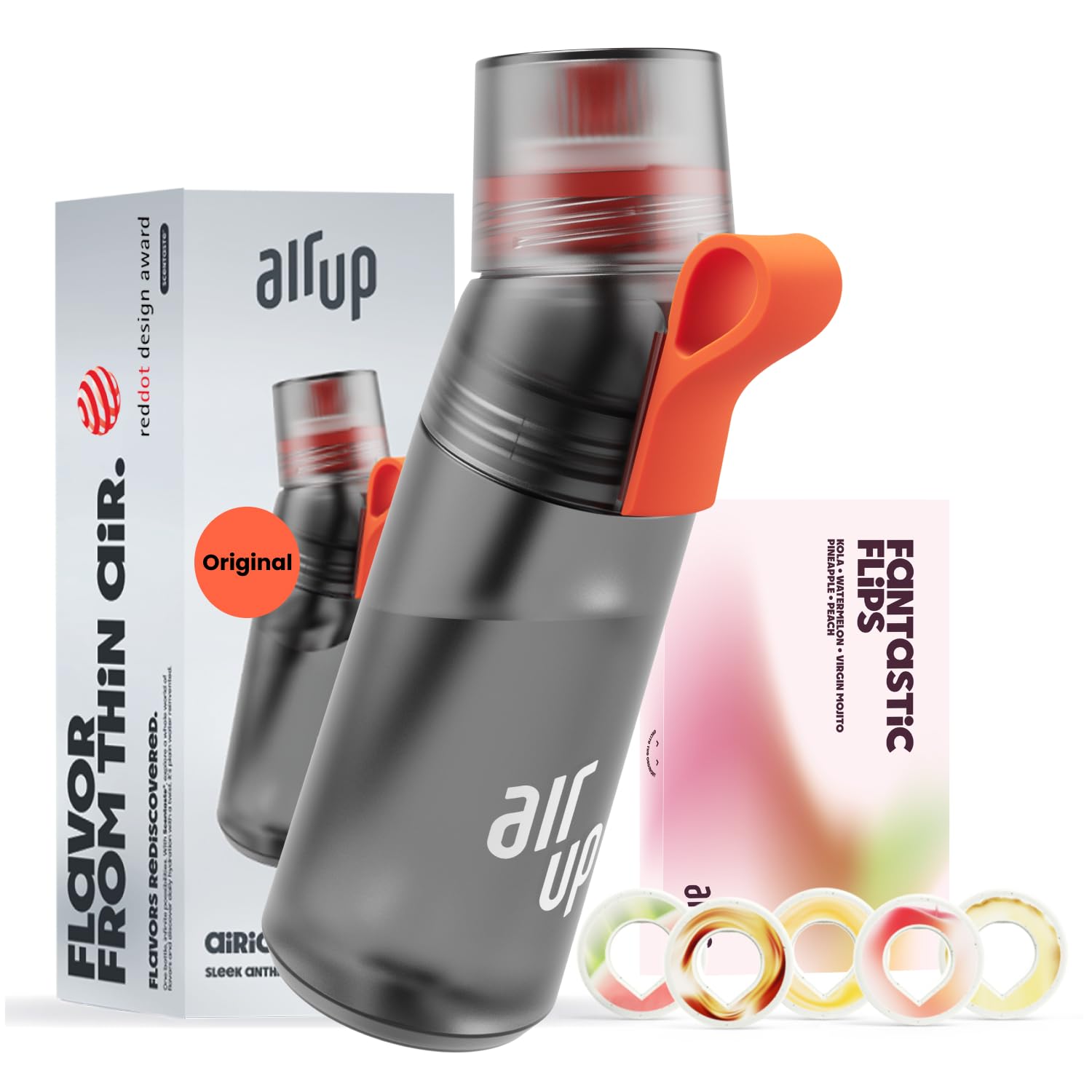 AIR UP® water bottle Gen2 original starter set with pods in 5 flavours I 600ml drinking bottle with sugar-free flavouring I dishwasher-safe