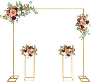 MYOYAY Wedding Arch Backdrop Stand Square 7.2 x 7.2 FT Wedding Arches for Ceremony Metal Balloon Arch Frame with Flower Stand for Wedding Birthday Party Baby Shower Garden Arbor Anniversary Event Deco