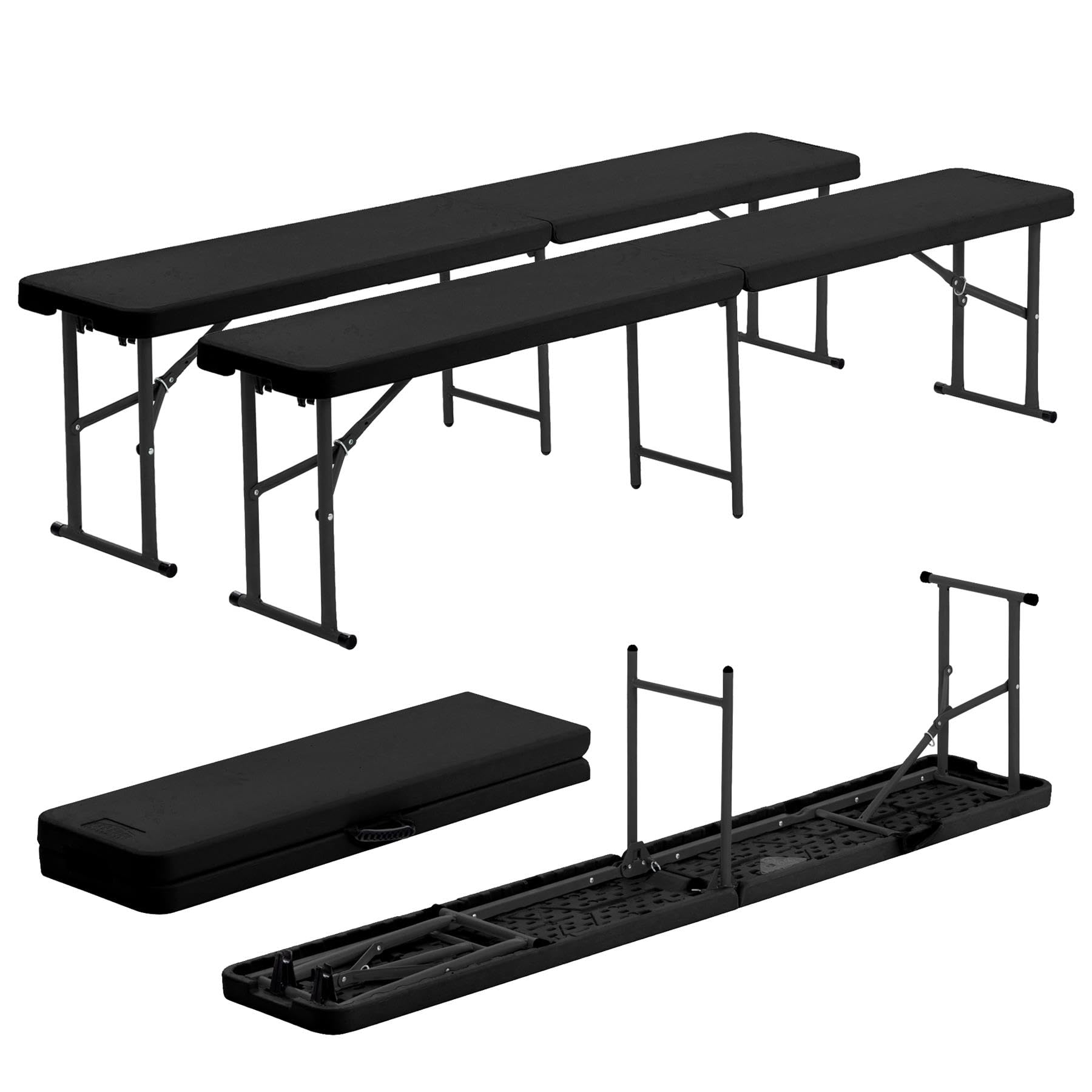 Harbour Housewares Folding Camping Picnic Benches - 180cm (6ft) - Black - 2x Foldable Portable Plastic Outdoor Garden Dining Furniture