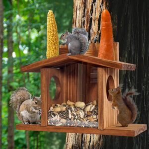 Wooden Squirrel Feeder Squirrel Picnic Table Feeder Squirrel Feeding Station House Wooden Chipmunk Feeder for Outside Corn Cob Peanut Holder 13x5x9.3 inch
