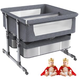 Twins Bassinet Bedside Sleeper - baby bed twinswith Storage Basket - 6 Height Adjustable Sleeper Cot - Crib For Newborn Boys & Girls - Easy Folding & Space Saving Design (Gray)