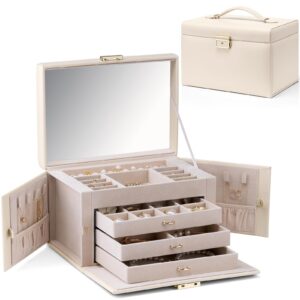Vlando Large Jewellery Box for Women Lockable Jewellery Boxes with 3 Drawers Jewelry Storage Earrings