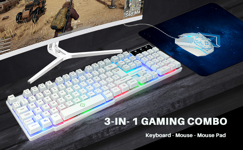 Gaming Keyboard And Mouse Set With Large Mouse Pad White