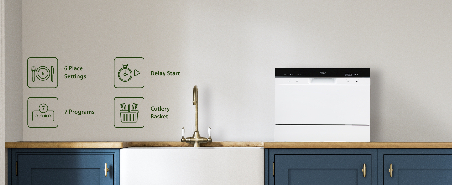 Willow Tabletop Dishwasher, 6 place settings, delay start 7 programs, cutlery baset, foldable rack
