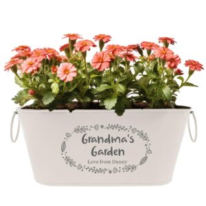 EDSG Personalised Plant Pot Engraved Metal Flower Pot Planter Garden Plant Pots Outdoor with Rings Gardening Gifts for Women Her Nanny Railing Balcony Anniversary Wedding Birthday(White