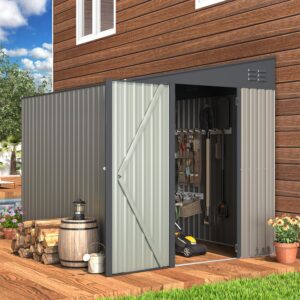 UNIONLINE 6x8ft Lean to Storage Shed | 182x245x203 cm | Metal Garden Shed | Waterproof Tool Shed | 4.4m² 7.6m³ | Lockable Door | Bike Shed for Backyard Patio | Garbage Can | Grey