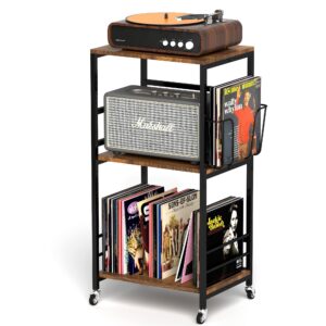 jxgzyy Vinyl Record Storage Holder With Wheels CD Player Rack Holds up to 200LP Album Holder Display Stand Vinyl Record LP Storage organizer Sturdy Metal Structure Smooth Black