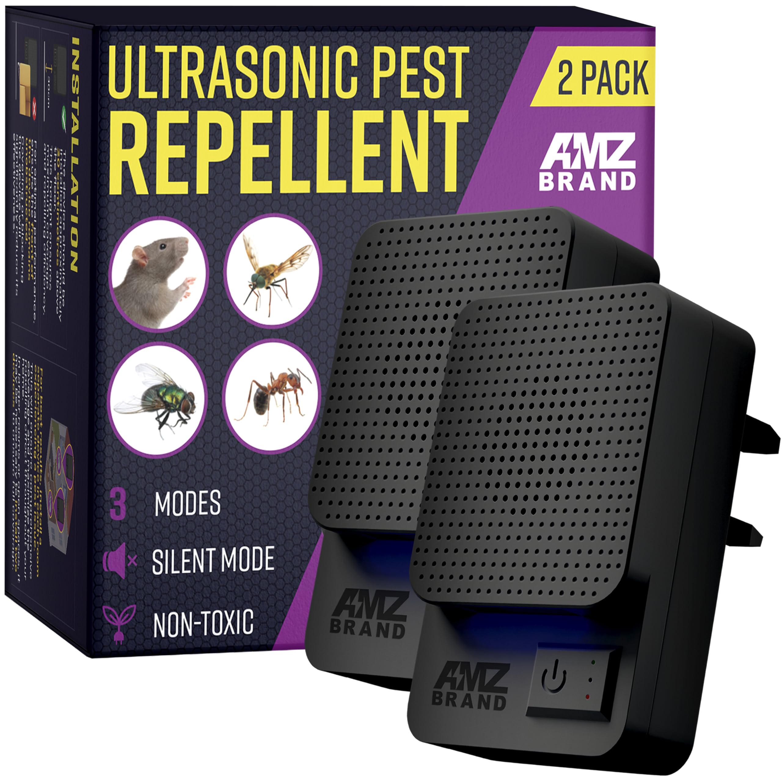 AMZ BRAND Ultrasonic Pest Repeller 2 Pack - Powerful Mouse Repellent - 3 Working Modes - Wide Frequency Range Pest Control Device - Ideal for Mice