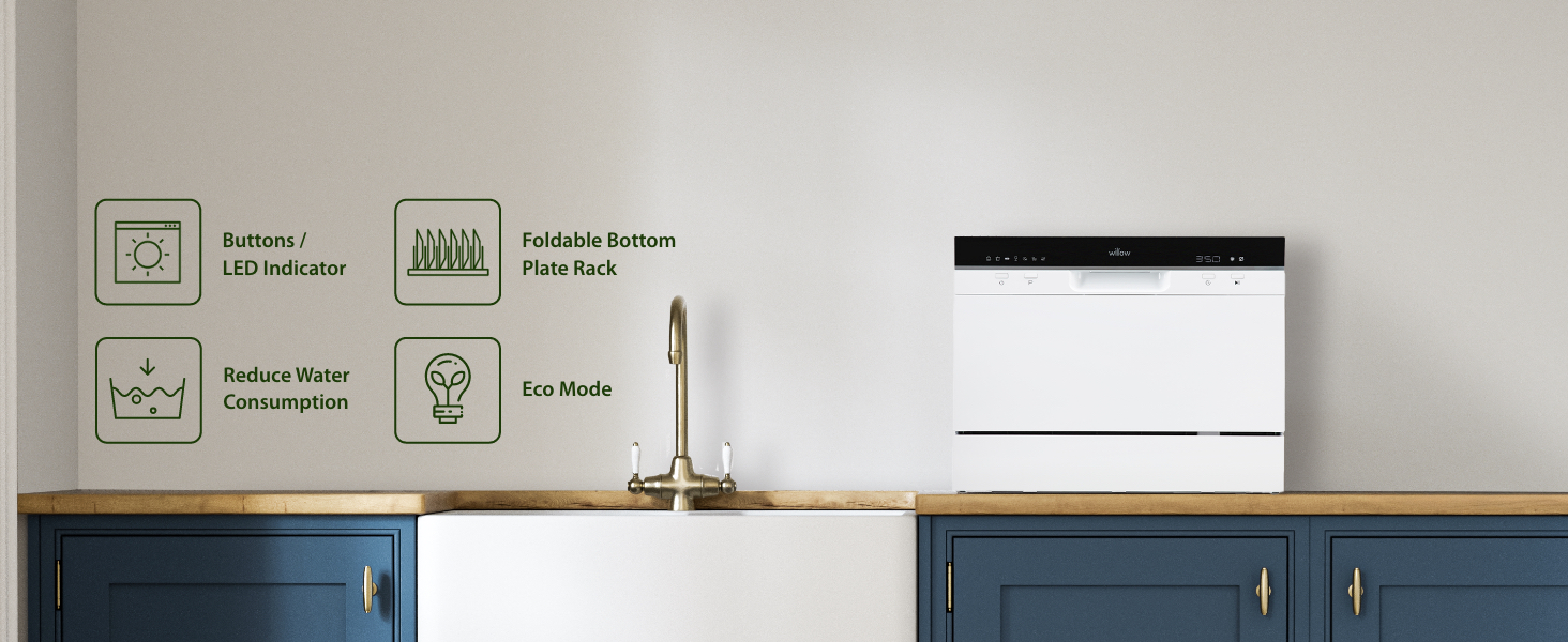 Willow Tabletop Dishwasher foldable bottom rack, reduce wate consumption, eco mode, led lights