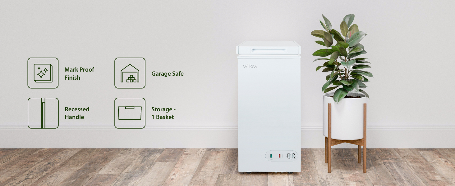 Willow WCF60W Chest Freezer, garage safe, mark proof, recessed handle, 1 storage basket