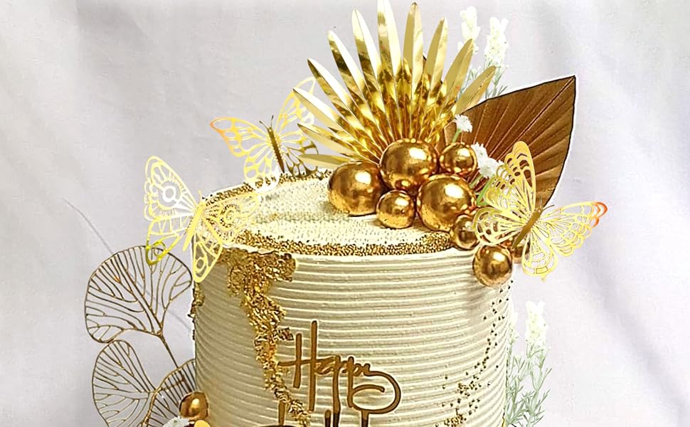 Gold Cake Decoration Gold Balls Cake Decoration Gold Palm Leaves Cake Topper