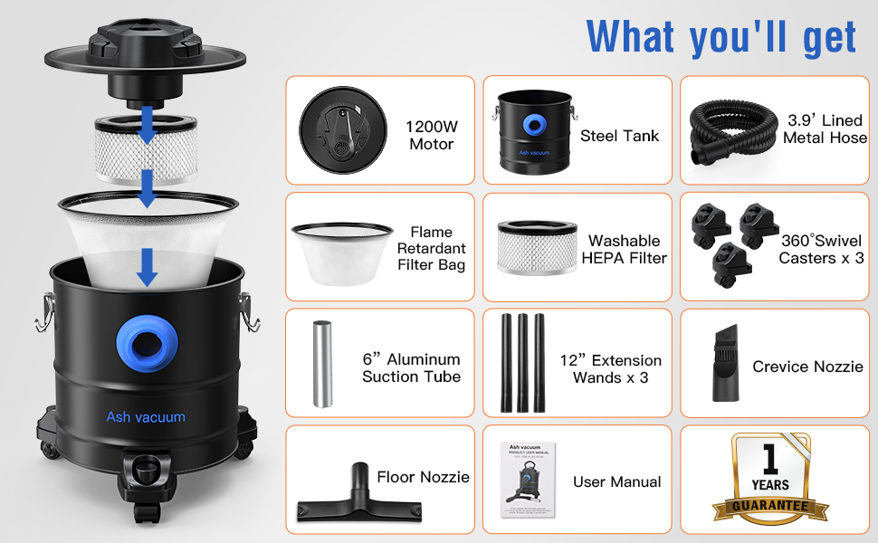 Ash Vacuum Cleaner, 20Kpa 20L Multifunctional Vacuum Cleaner