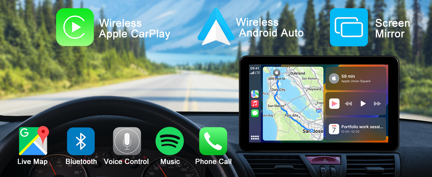 wireless apple carplay and android auto screen