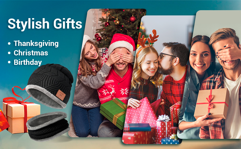 CHEERFUN Mens Gifts Bluetooth Beanie Hat, Secret Santa Gifts Bluetooth Beanie with Neck Warmer Scarf