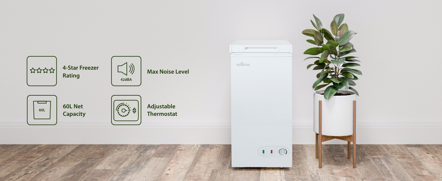 Willow WCF60W Chest Freezer, 4 star rating, low noise, 60l capacity, adustable thermostat