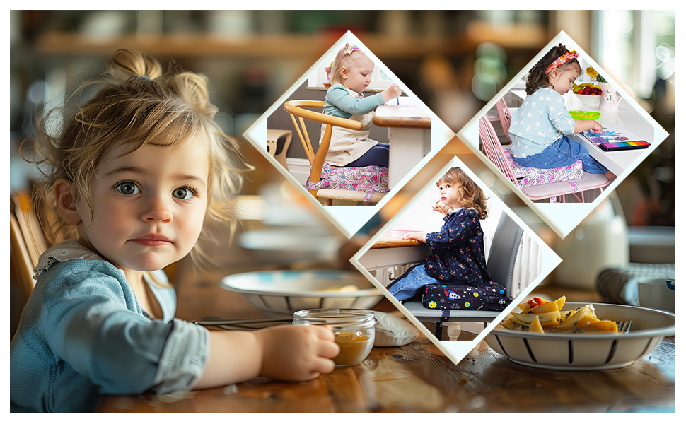 A toddler seated securely in a booster seat at the family dining table.