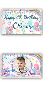 Birthday Backdrop Background Banner Personalised blue baby rain bowballoon Decorations
