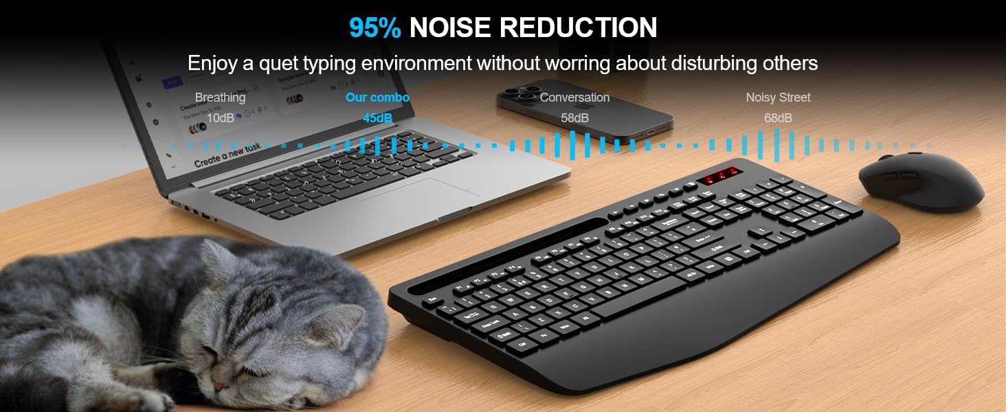 Wireless Keyboard and Mouse Set, Wrist Rest, Mobile Phone Holder, Batteries Included