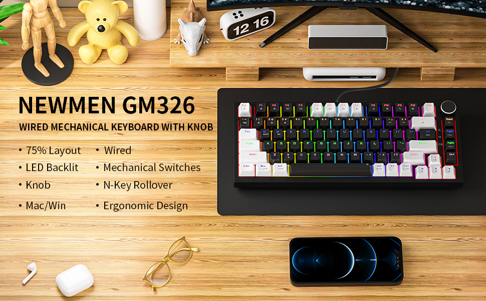 Newmen GM326 wired mechanical keyboard with knob