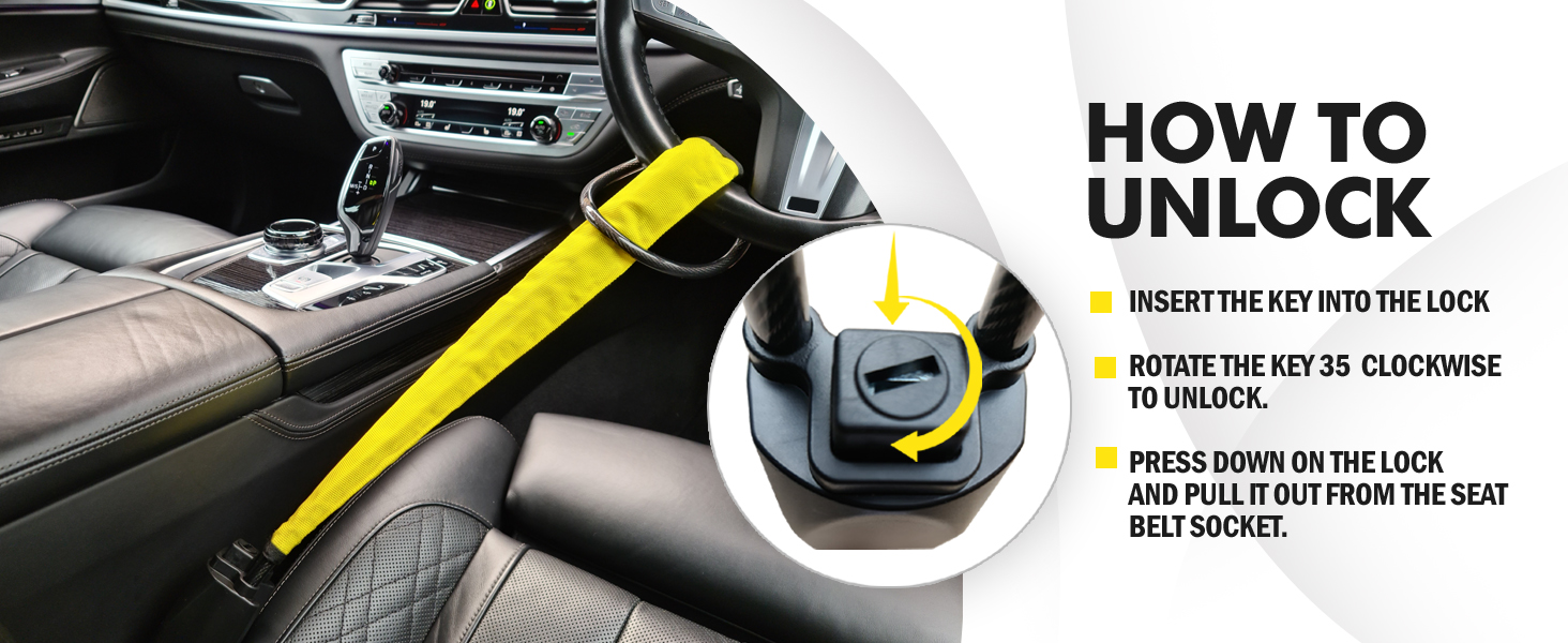 Steering lock for cars, visible theft deterrent, strong metal alloy, easy-to-use, fits all models