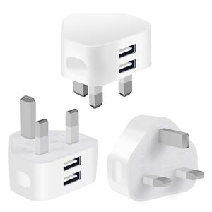 Pack of 3 Dual Port USB Plug UK Adapter Compact Mains Charge 2.1A with Smart IC Charging Technology for iPhone 11 Xs/XS Max/XR/X/8/7/6/Plus