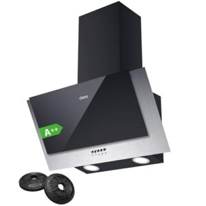 CIARRA CB6736CBK Angled Cooker Hood 60cm with CBCF002X2 Carbon Filters Recirculating & Ducting LED Lights Black Painting&Tempered Glass Wall Mounted Range Hood 600mm Kitchen Extractor Fan            [Energy Class A++]