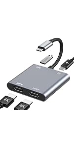 USB C to Dual HDMI Adapter, 4 in 1 HDMI Splitter for Dual Monitors 4K, USB C, PD 100W, USB Type C...