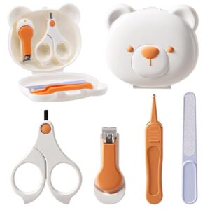 Baby Nail Care Set with Bear Case 5-in-1 Baby Healthcare Kit with Safety Baby Nail Scissors Baby Nail Clippers Baby Nail File for Newborn Essential Grooming Kit with Storage Case