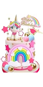 Unicorn Cake Topper, Unicorn Rainbow Cake Decorations with Rainbow Stars Unicorn Balls Happy Birt...