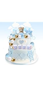 Baby Shower Bear Cake Toppers - 49pcs Blue Bear Theme DIY Cake Decorations Bear Train Staircase C...