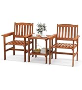 COSTWAY 3-Piece Patio Bistro Set, Acacia Wood Garden Furniture Set with Slatted Coffee Table and ...