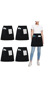 umboom 4 Pack Waist Apron, Black Chef Apron, Waiter Waitress Aprons with 3 Pockets, Catering Apro...