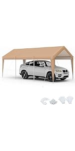 COSTWAY 3mx6m Carport, Heavy Duty Galvanized Car Canopy with Waterproof Tear Resistance Cover, 8 ...