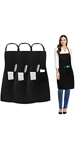 umboom 3 Pack Black Chef Apron, Adjustable Apron with 3 Pockets, Professional Work Apron for Cate...