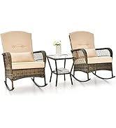 RELAX4LIFE Outdoor Rocking Bistro Set, Garden Tempered Glass Table and Rocking Chairs Set with Um...