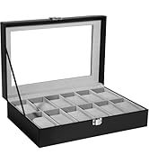 Uten Watch Box with 10 Slots, Watch Case with Glass Lid, Removable Watch Pillows, Metal Clasp, Bl...