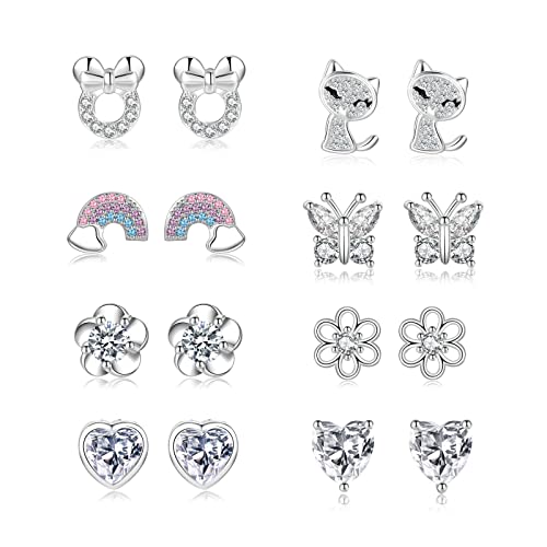 925 Sterling Silver Earrings,8 Pair Silver Studs Earrings for Women Hypoallergenic Kids Earrings Sterling Silver Stud Earrings for Teenage Girls Ages 3-18 Childrens Earrings Cubic Zirconia Stud Se