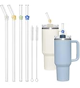 4Pcs Glass Straws with Charms, Reusable Clear Drinking Straws with Flower, Cute Colorful Glass St...