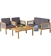 COSTWAY 4-Piece Garden Rattan Furniture Set, Patio Conversation Set with Cushioned Loveseat, Chai...