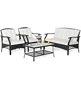 RELAX4LIFE 4PCS Rattan Garden Furniture Set, All-Weather Outdoor Conversation Set with Glass Tabl...