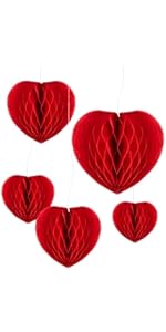 Valentines Decorations Set - Honeycomb Hanging Heart 5 Pcs, Assorted Sizes with Pre-Attached Hang...