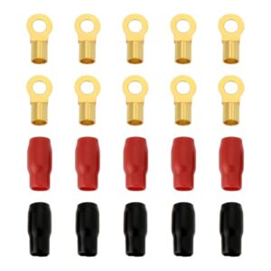 EMSea 10Pcs 4 Gauge Awg Brass Crimp Ring Terminal Connectors with Black Red Insulation Sleeves 5/16 Inch 8mm Stud for Vehicle Ring Terminal Electrical Appliances