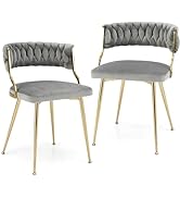 COSTWAY Dining Chair Set of 2, Upholstered Kitchen Chairs with Rattan Backrest, PU Leather/Linen ...