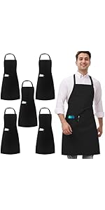umboom 5 Pack Black Chef Aprons, Multipack Cooking Aprons, Plain Kitchen Aprons for Men Women, Pr...