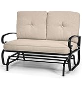 RELAX4LIFE Outdoor Bench, Wooden Patio 2 Seater Chair with Slatted Seat & Reinforced Crossbar, Pa...