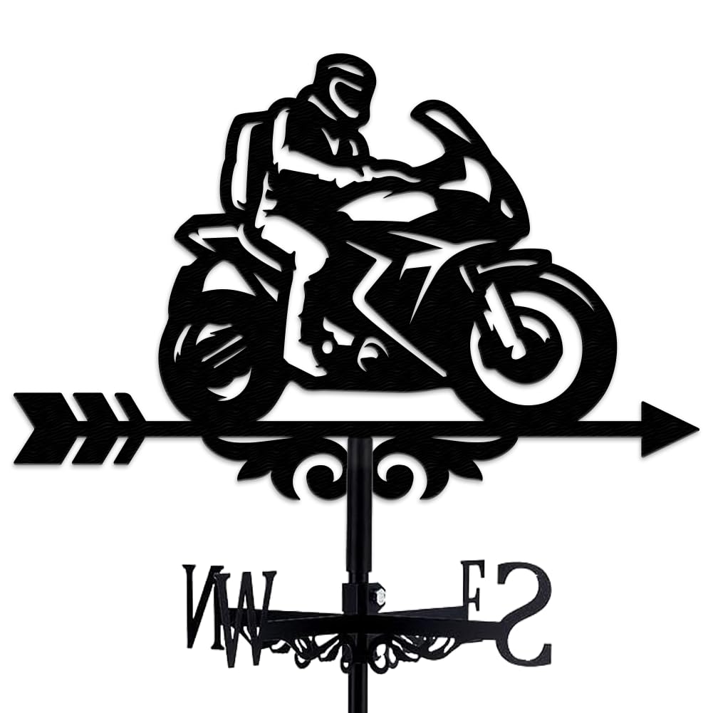 INFUNLY Motorcycle Weather Vane Vintage Black Motorcycle Weather Vane Ride Metal Weather Vane Motorcycle Wind Vane Hollow Wind Direction Indicator for Outdoor Garden Roof Decor 13.78"x10.63"/35CMx27CM