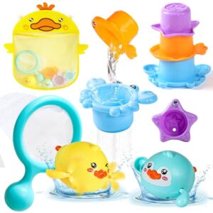 Baby Bath Toys for 1 Year Old Toddler Bath Stacking Cups Toys Wind Up Duck Bathtub Fishing Game Fishing Net with Bath Storage Net Large Organiser Kids Bath Toys Gift for 1 2 3 Year Olds Boys Girls