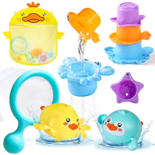 Baby Bath Toys for 1 Year Old Toddler Bath Stacking Cups Toys Wind Up Duck Bathtub Fishing Game Fishing Net with Bath Storage Net Large Organiser Kids Bath Toys Gift for 1 2 3 Year Olds Boys Girls