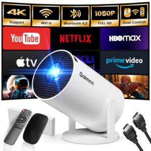 2025 Mini Projector 1080P FHD 4K Support Smart Projector with Mouse Portable Projector with WiFi and Bluetooth 180° Adjustable Auto Keystone HDMI/TV Stick/USB/PS5/Laptop